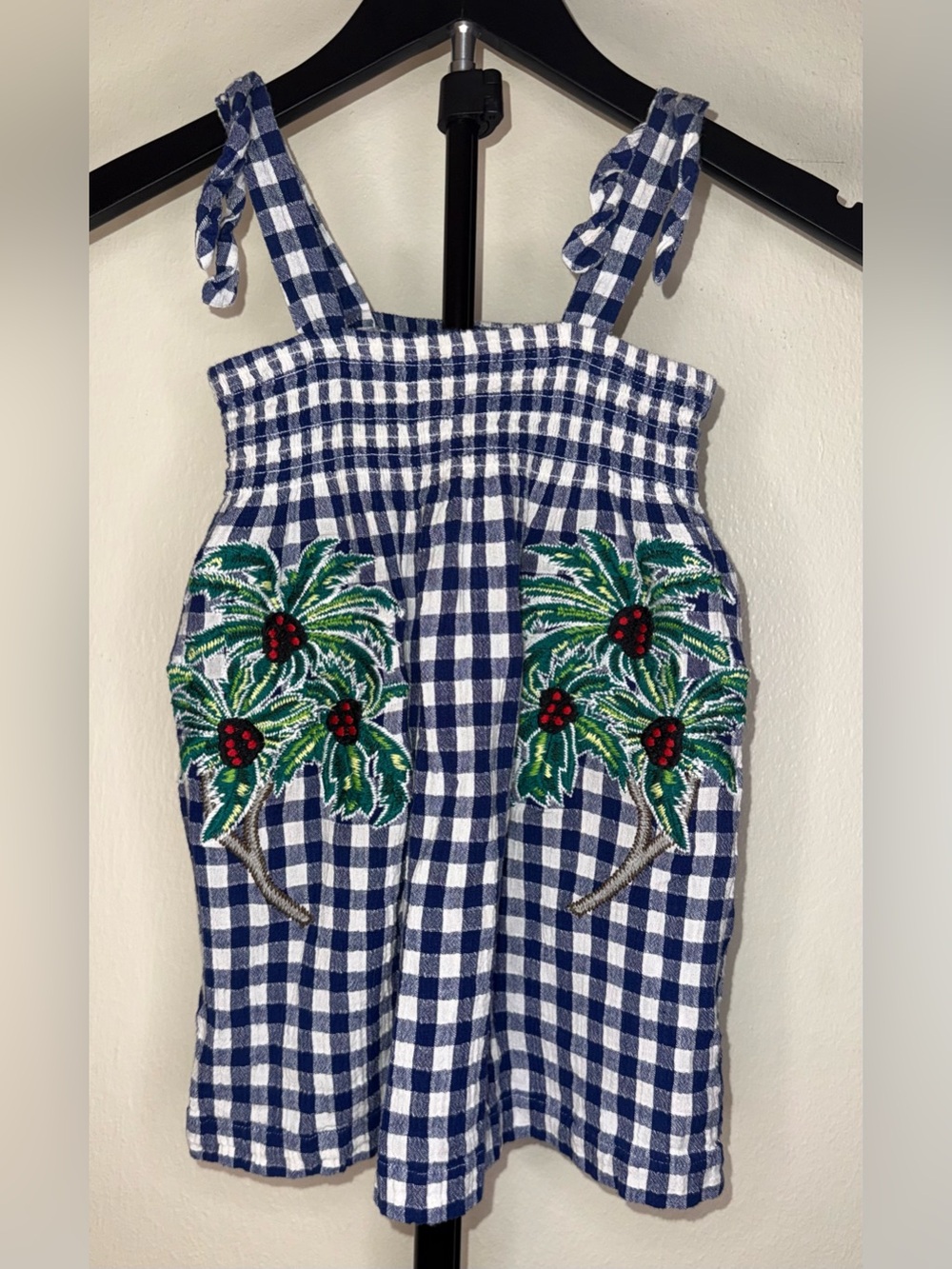 Stella McCartney Kids Navy Gingham Palm Tree Embroidered Smocked Dress - Size 4Y